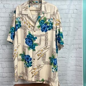 Caribbean Silk Blend Classic Vintage Hawaiian Shirt, sz Large Hibiscus Flowers